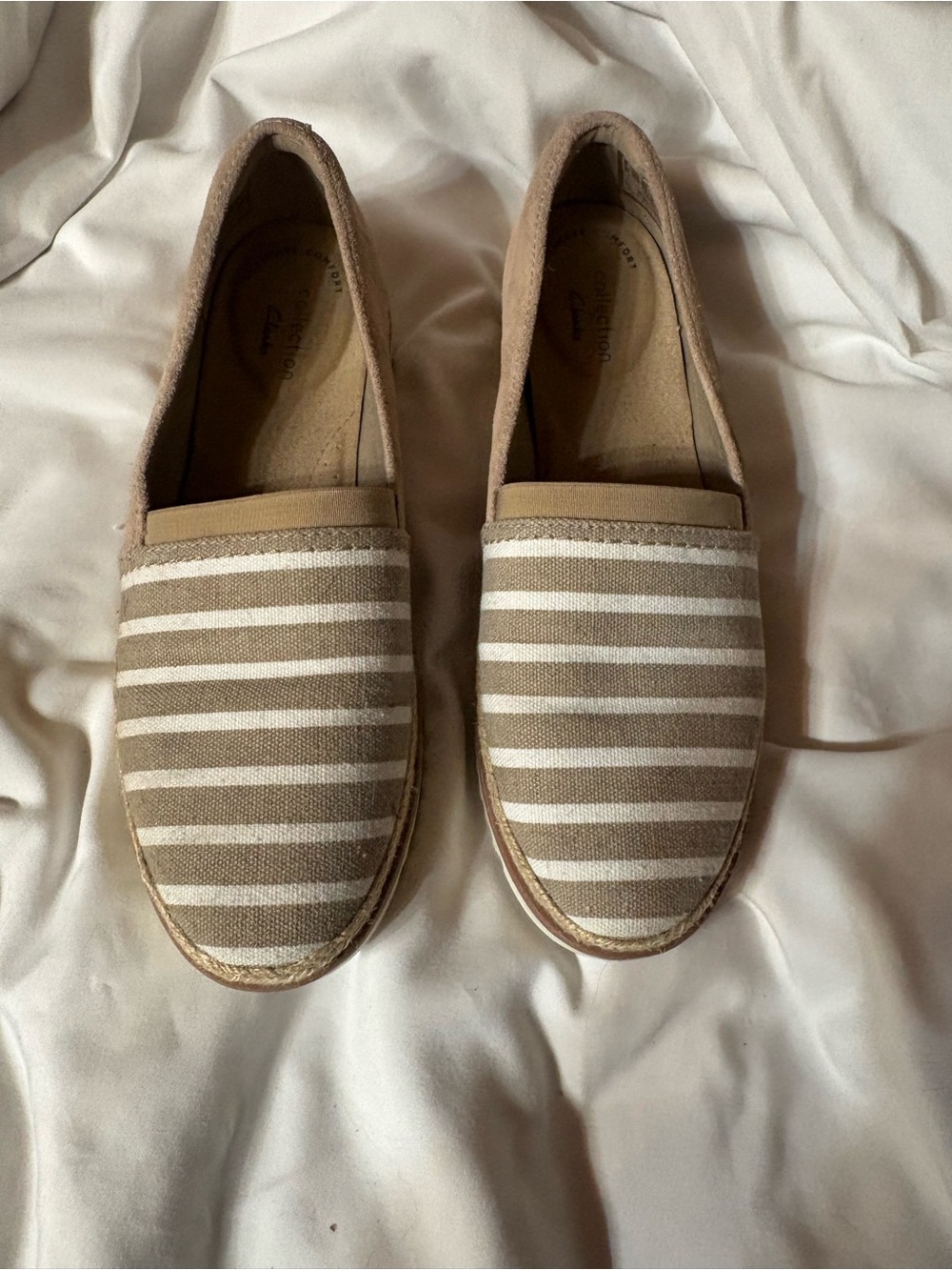 Clarks Beige and White Striped Canvas Slip-On Flats